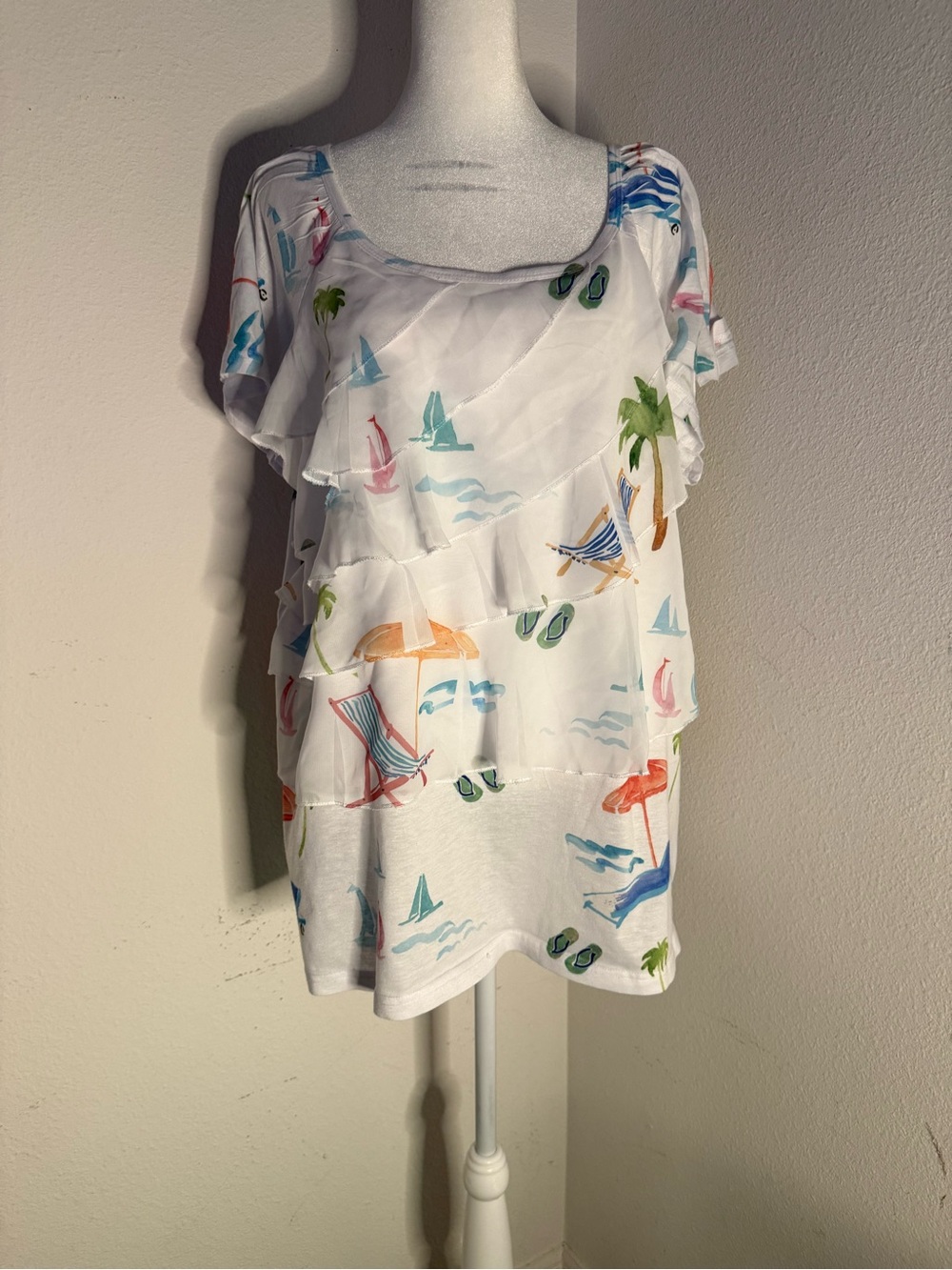 Indigo Soul 2XL White Beach Ruffle Tunic Top Tropical Sailboat Vacation Plus